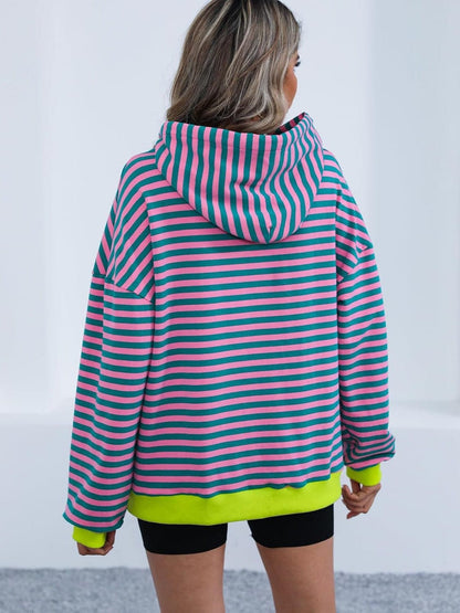 Drawstring Striped Long Sleeve Hoodie.