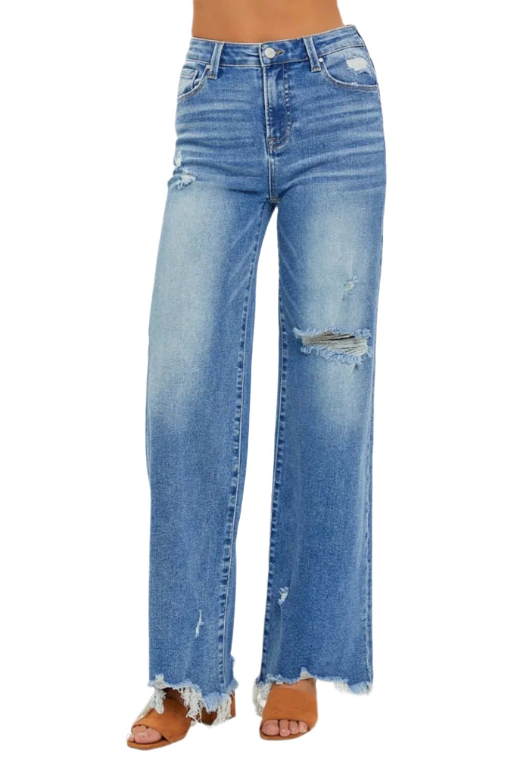 Risen Full Size High Rise Frayed Hem Wide Leg Jeans.