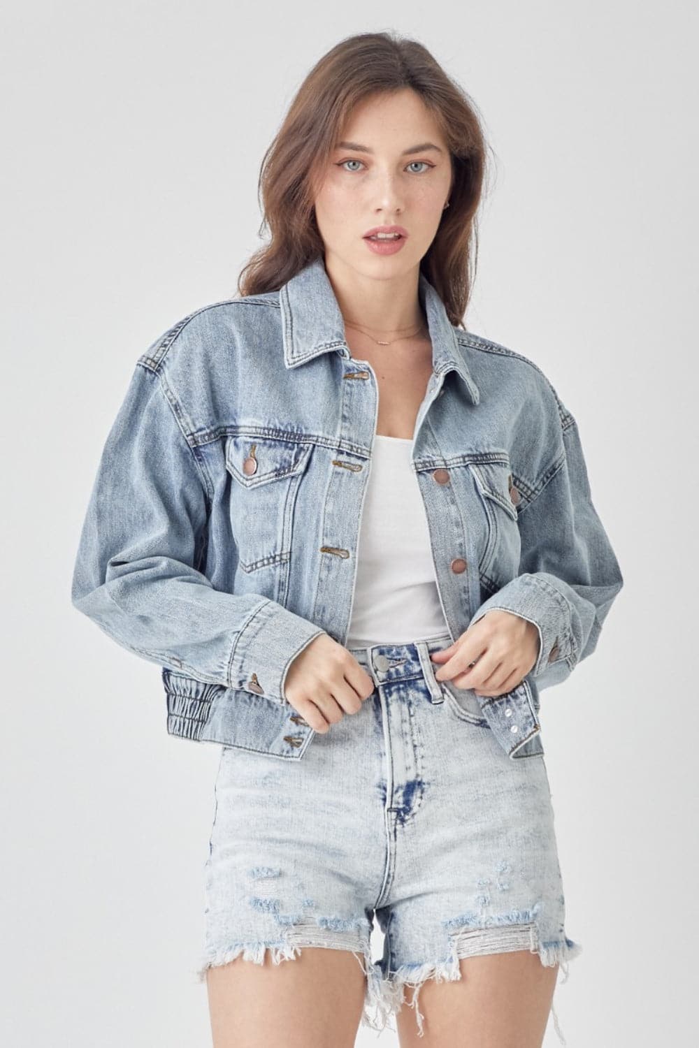 RISEN Full Size Button Down Cropped Denim Jacket.