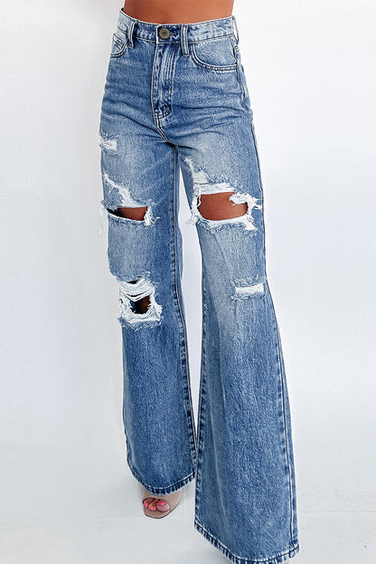 Trendy Ashleigh Blue High-Waisted Distressed Wide Leg Jeans