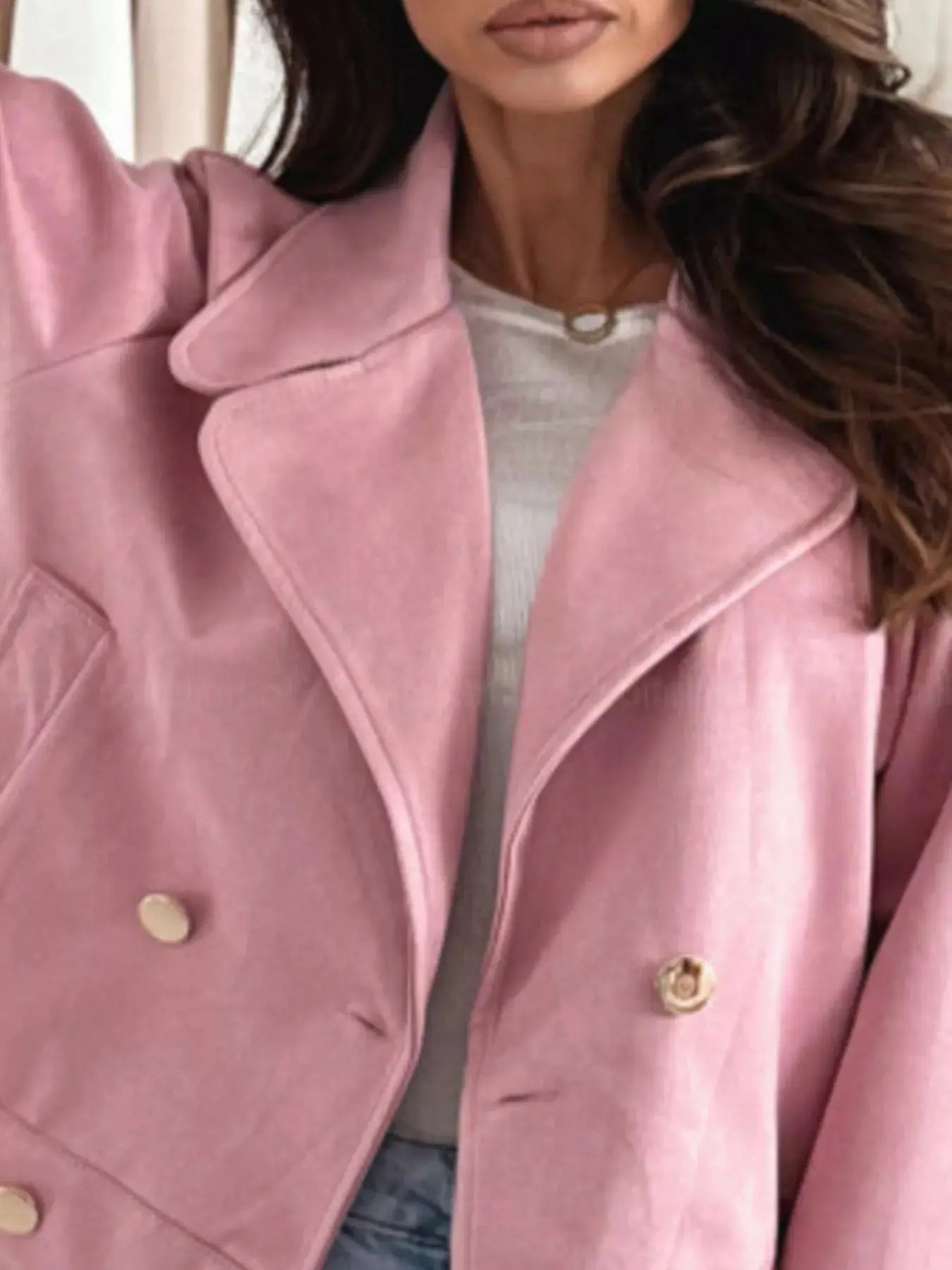 Beige Polyester Double Breasted Lapel Collar Jacket With Pockets Simply Love