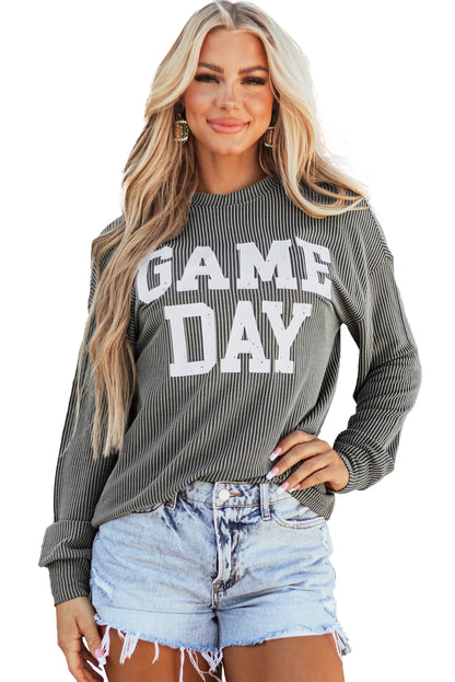 Game day ready: Dark grey corded graphic long sleeve crewneck top