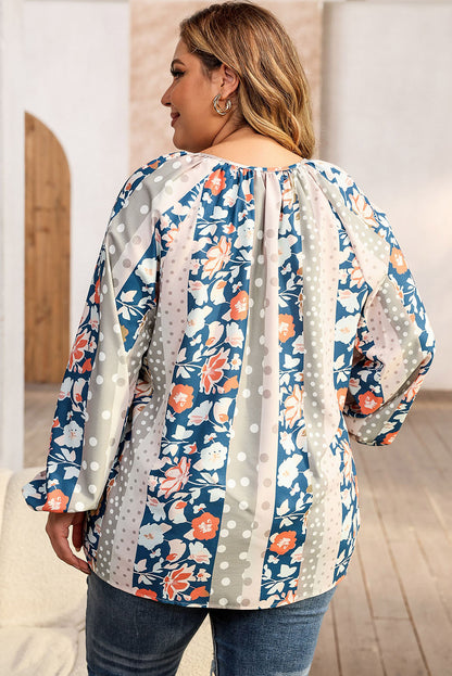 Colorful plus size mixed print blouse with split neckline