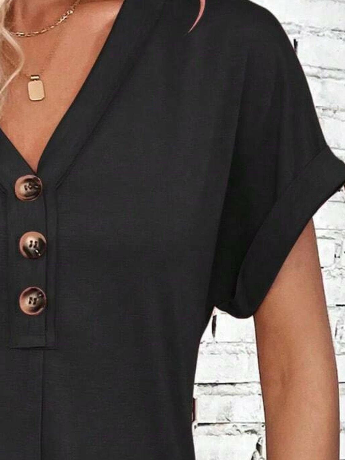 Quarter Button V-Neck Short Sleeve Dress.