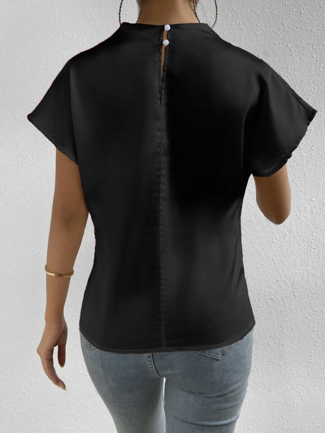 Ruched Mock Neck Short Sleeve Blouse.