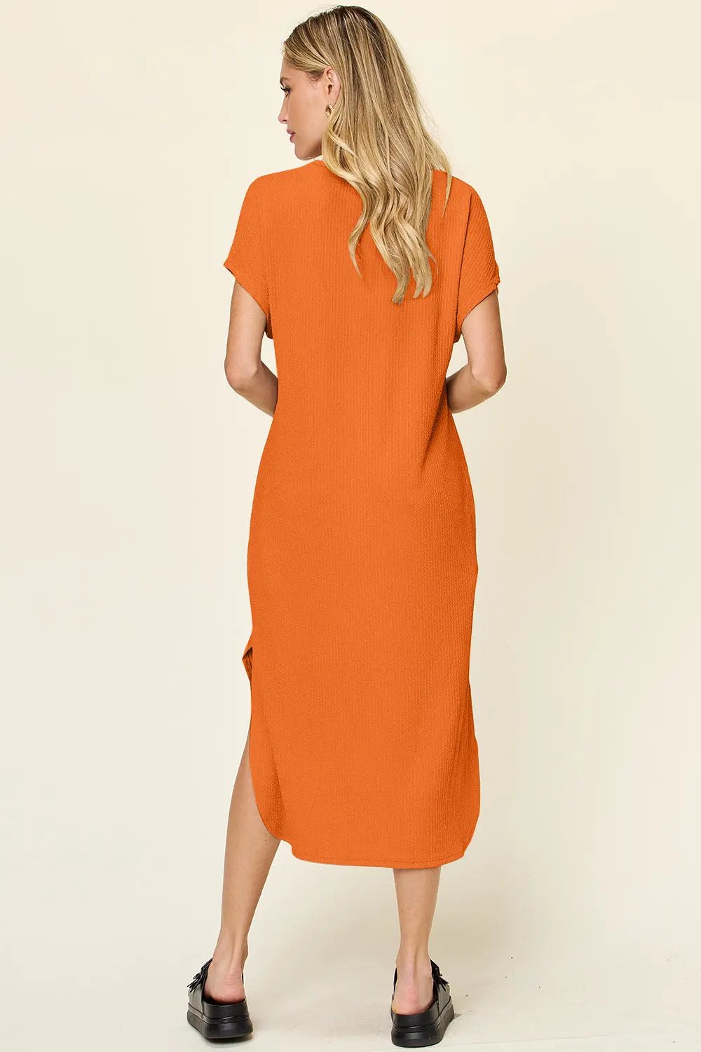 Double Take Full Size Round Neck Short Sleeve Slit Dress - Love Salve