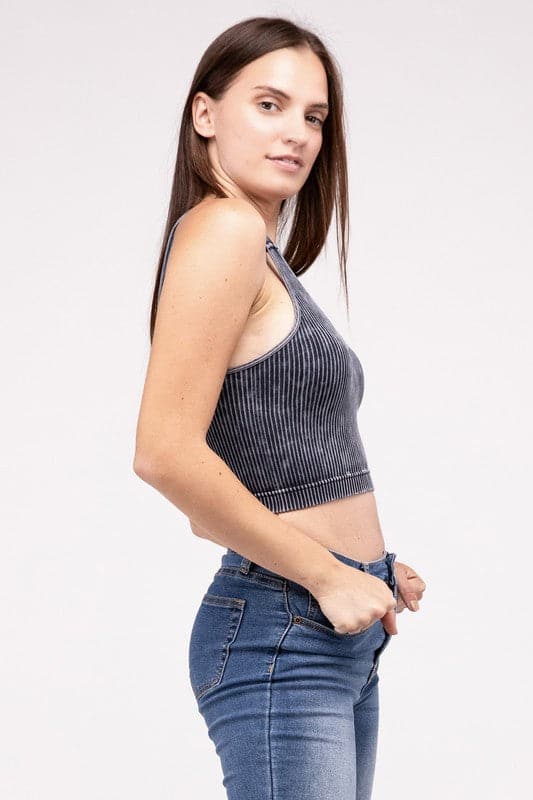 Washed Ribbed Cropped V-Neck Tank Top.