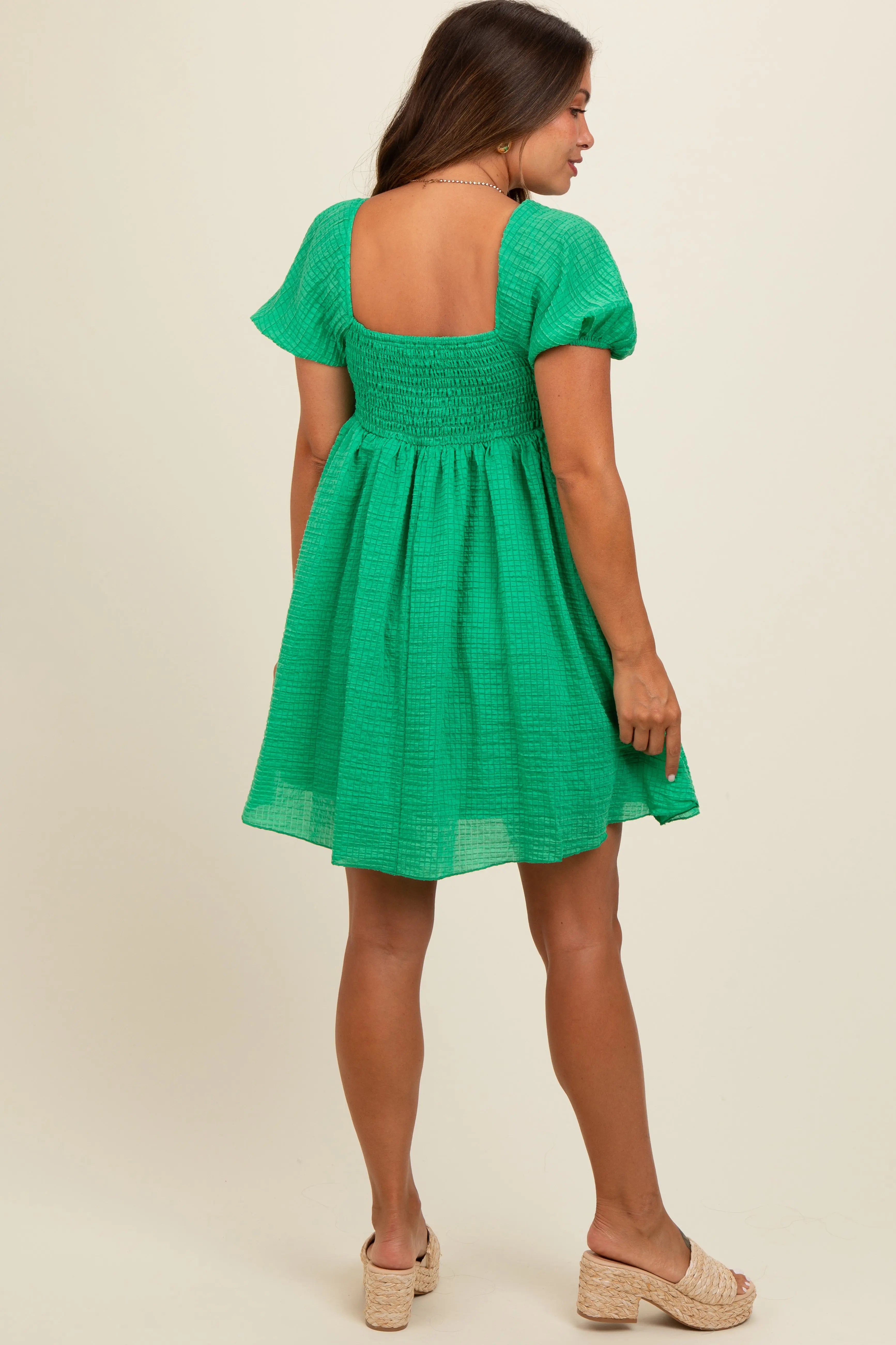Green Textured Puff Sleeve Sweetheart Neckline Maternity Dress PinkBlush