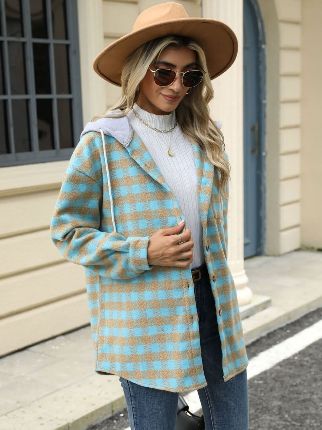 Plaid hooded jacket with pockets