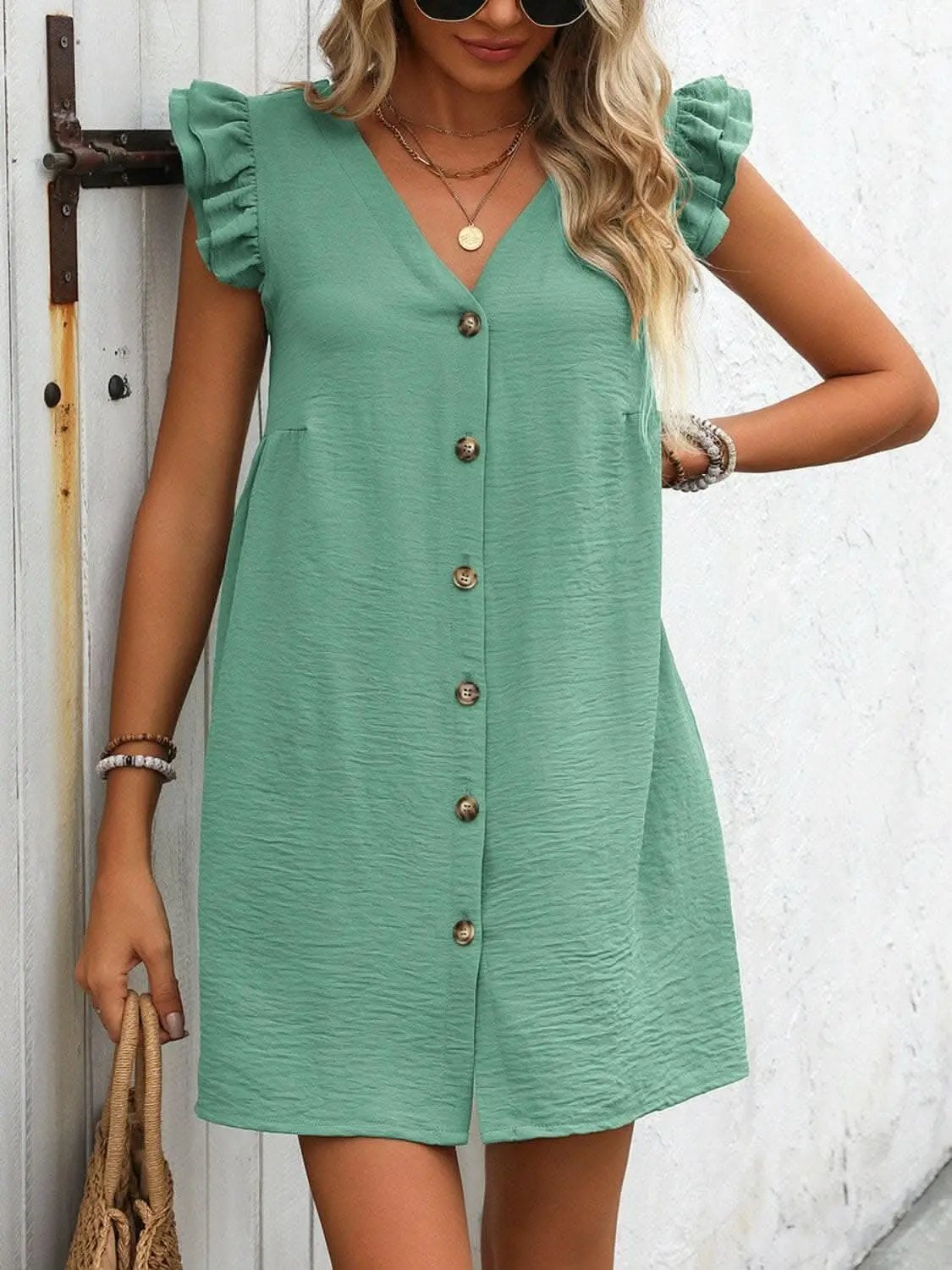 Chic button-up v-neck mini dress - Love Salve 