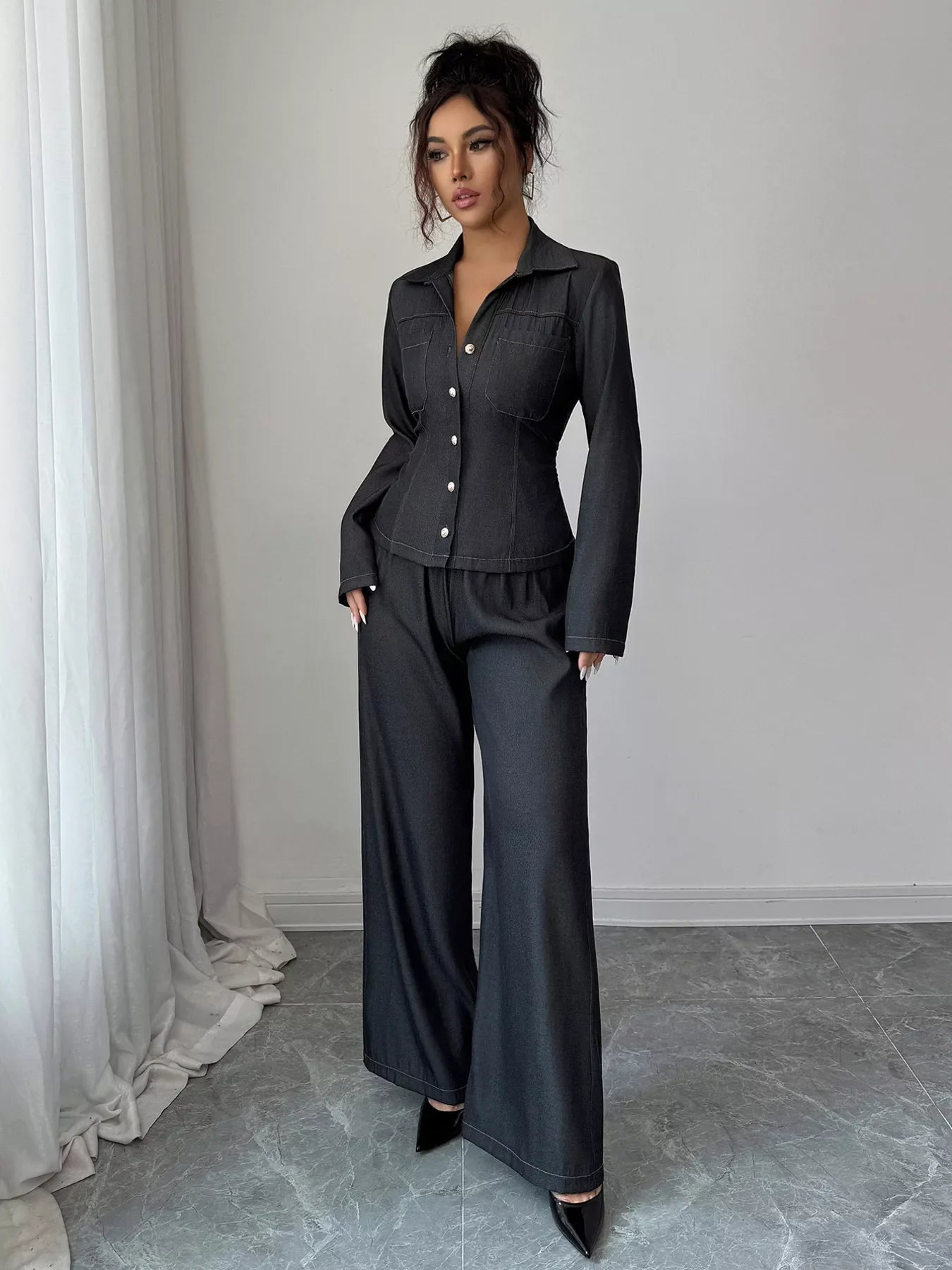 Button-Up Shirt & Wide Leg Pants Set Simply Love