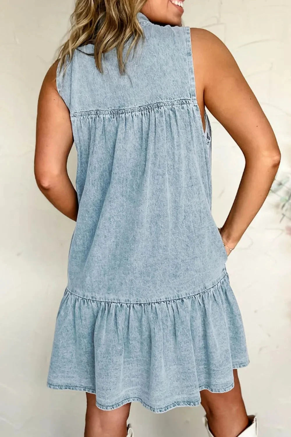 Tie Neck Sleeveless Denim Dress Simply Love