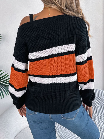 Chic color block asymmetrical neck sweater with long sleeves