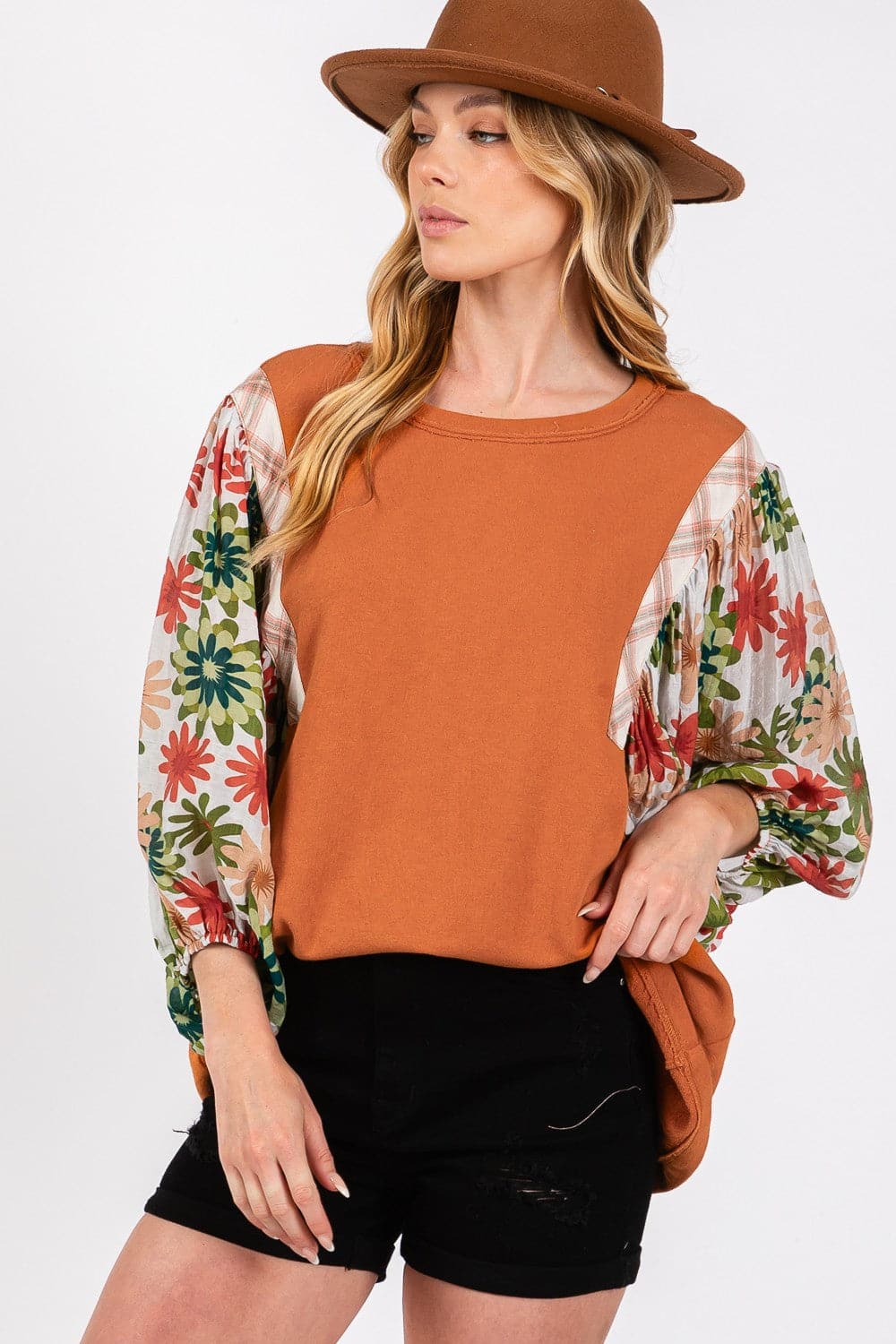 SAGE + FIG Full Size Printed Balloon Sleeve Contrast Top.