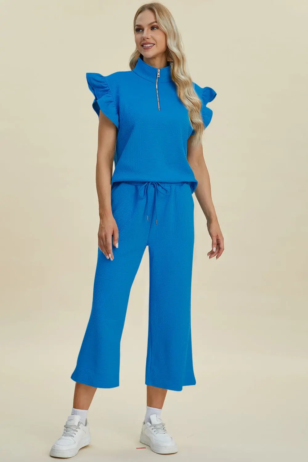 Double Take Full Size Texture Ruffle Short Sleeve Top and Wide Leg Pants Set - Love Salve