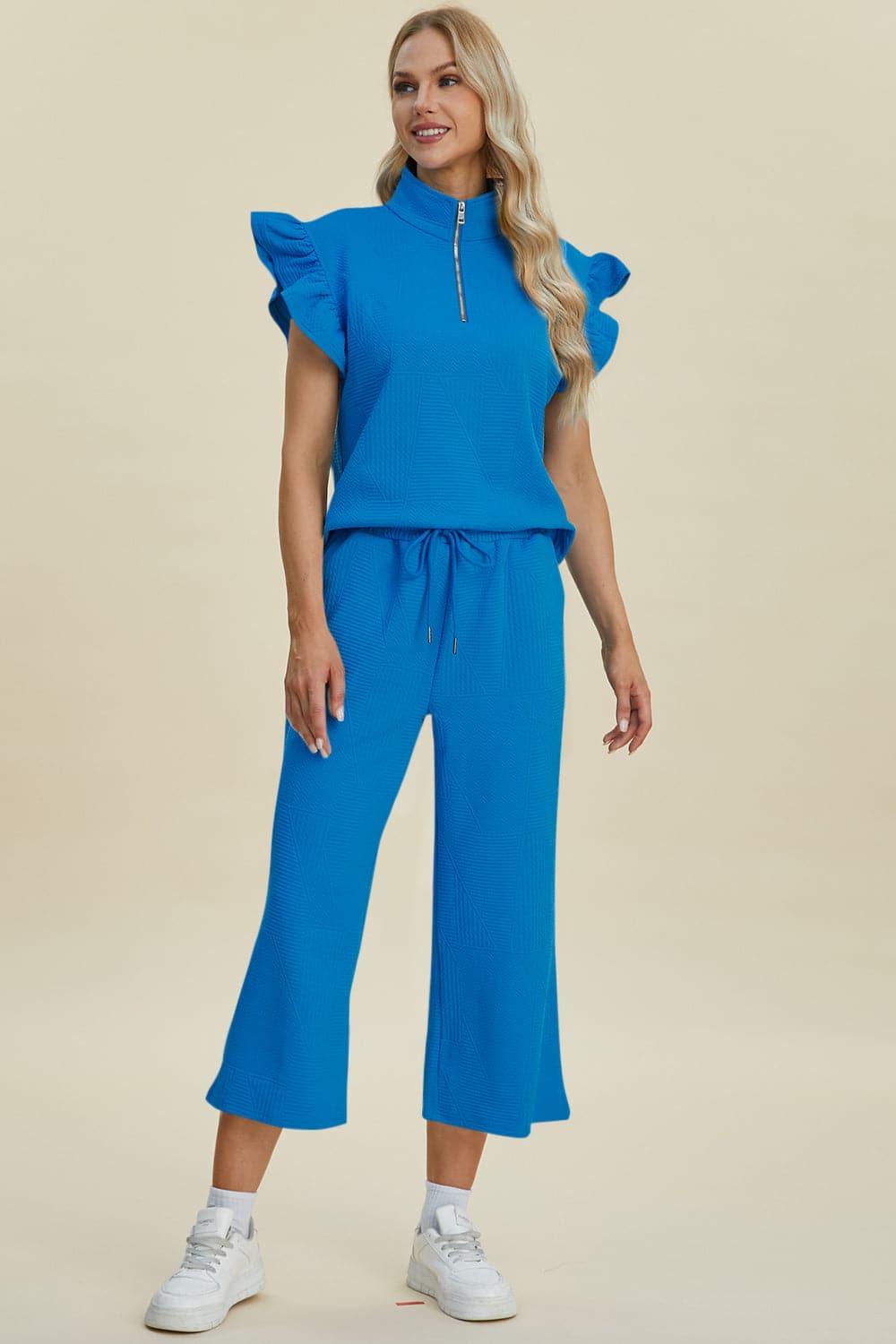 Double Take Full Size Texture Ruffle Short Sleeve Top and Wide Leg Pants Set.