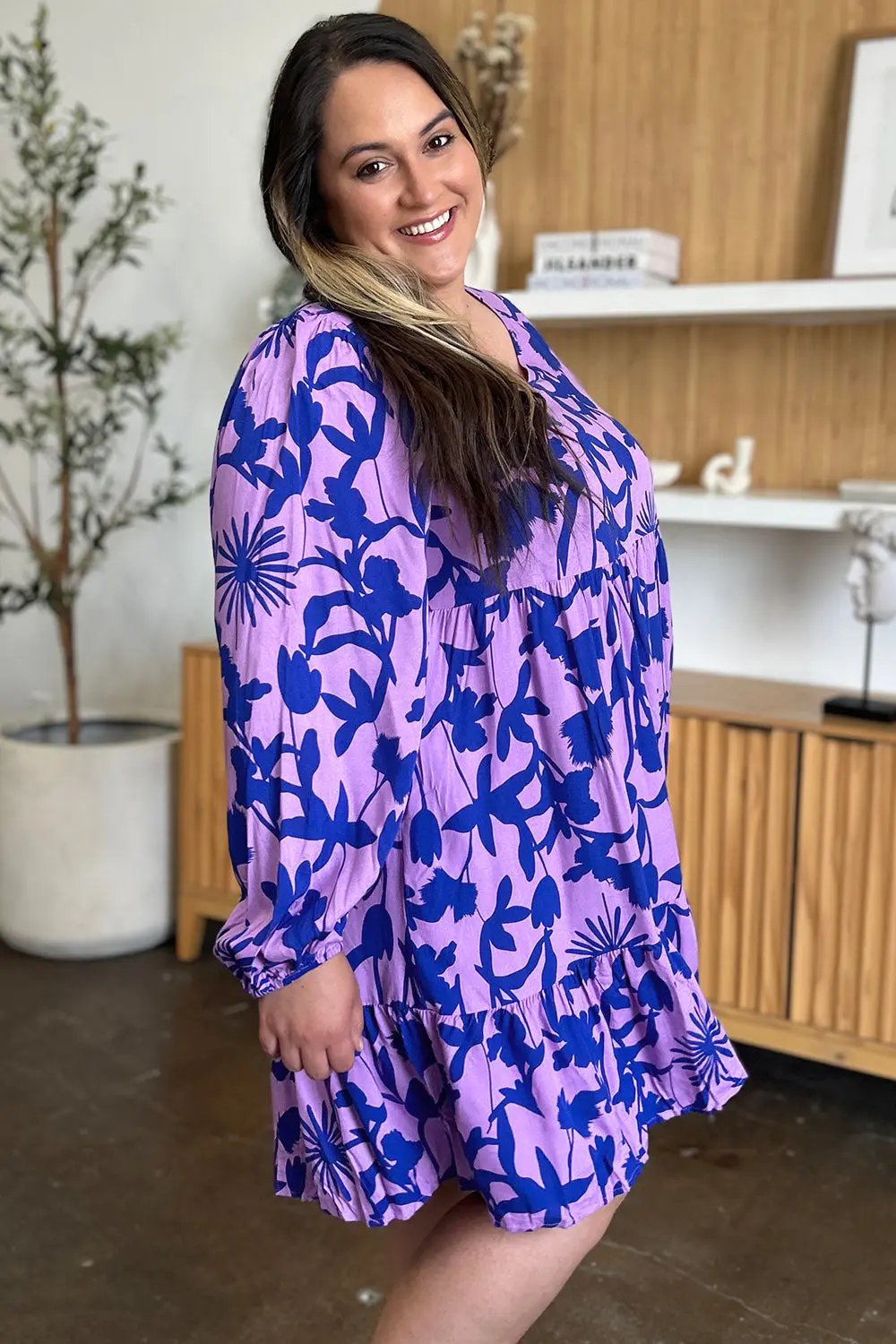 Double Take Full Size Printed Ruffle Hem Long Sleeve Dress - Love Salve