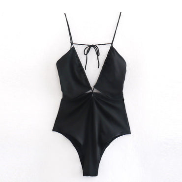 Summer Sling Solid Color All-Matching Open Design Backless Bodysuit
