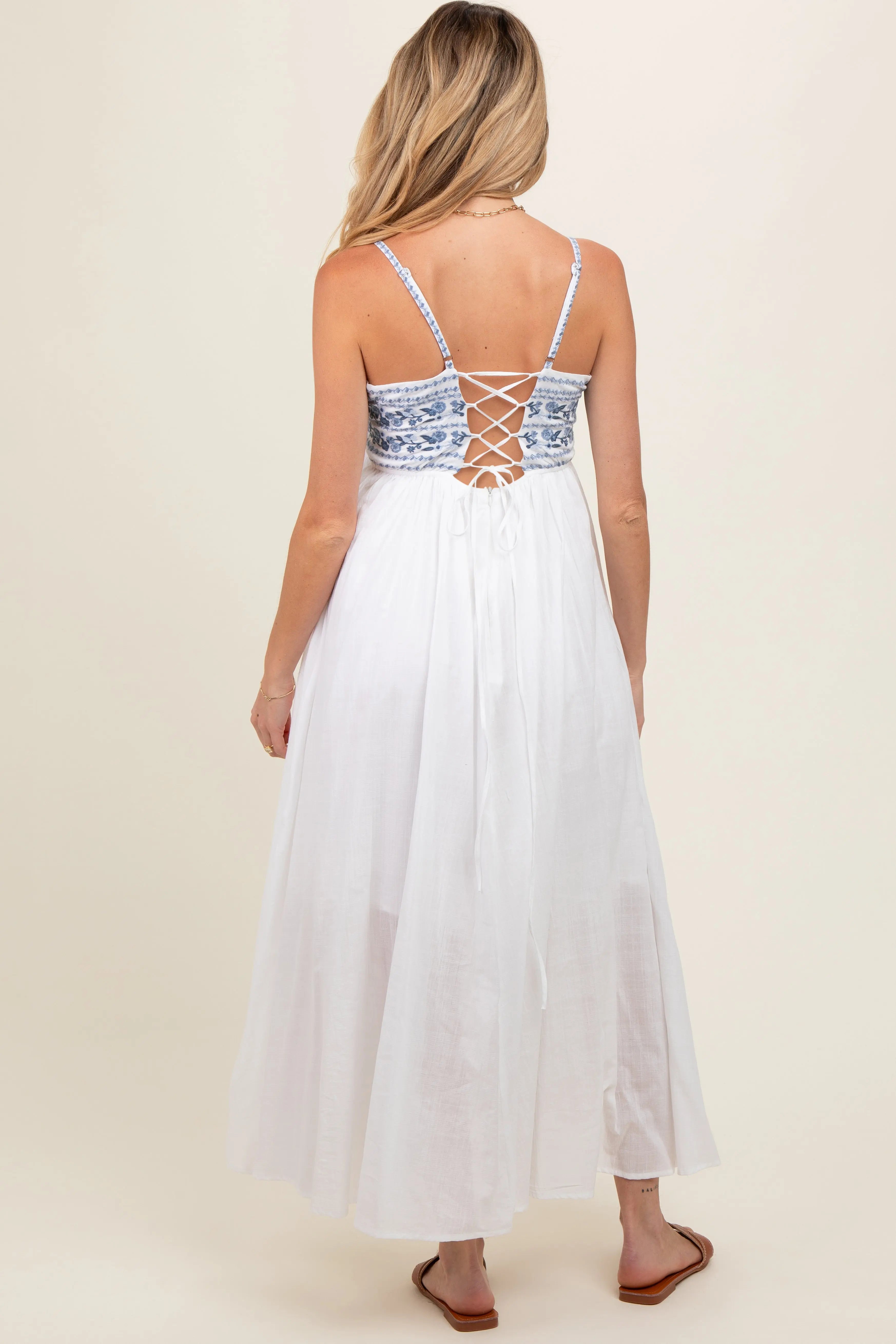 Navy Blue Floral Embroidered Lace-Up Back Maternity Maxi Dress PinkBlush