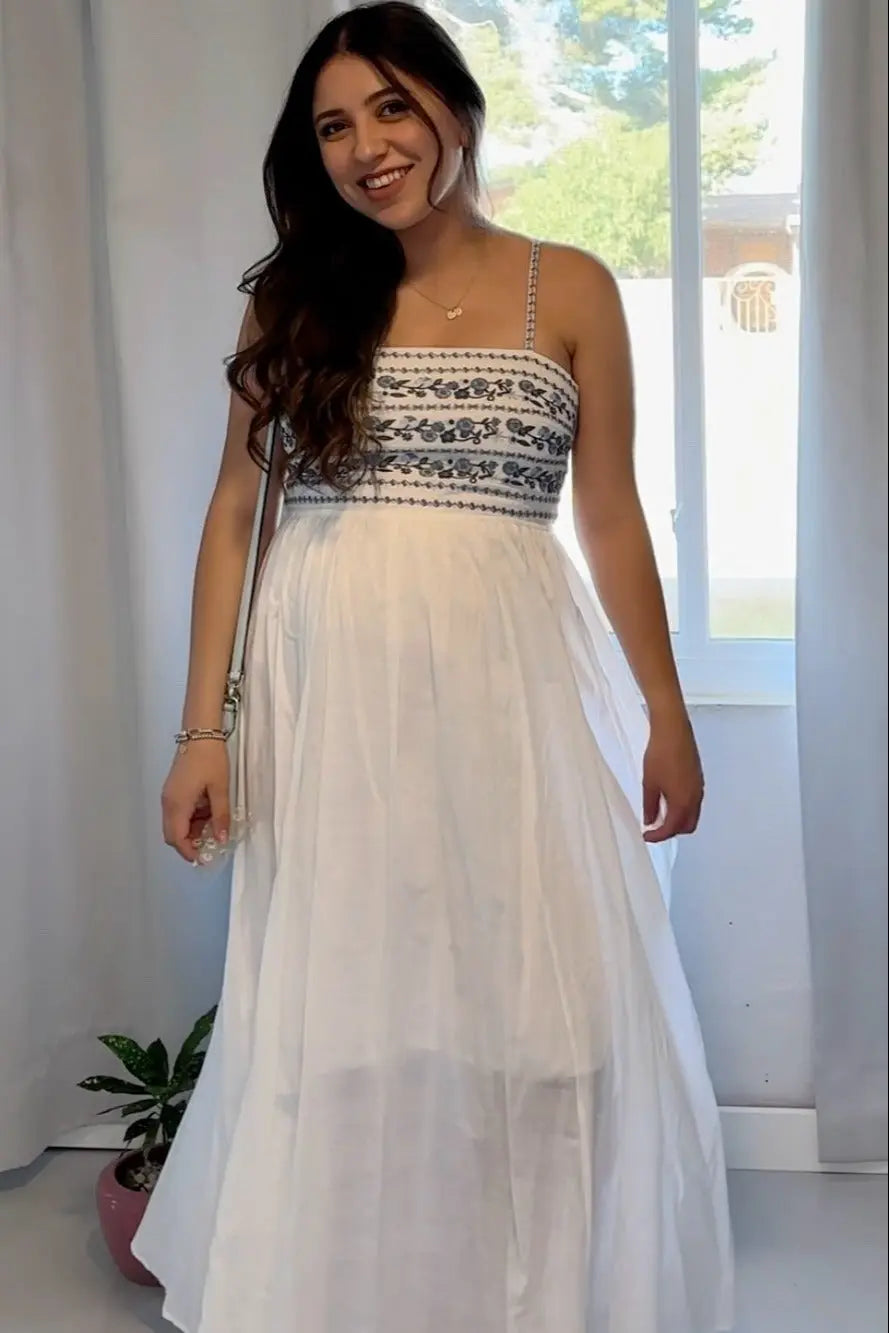 Navy Blue Floral Embroidered Lace-Up Back Maternity Maxi Dress PinkBlush