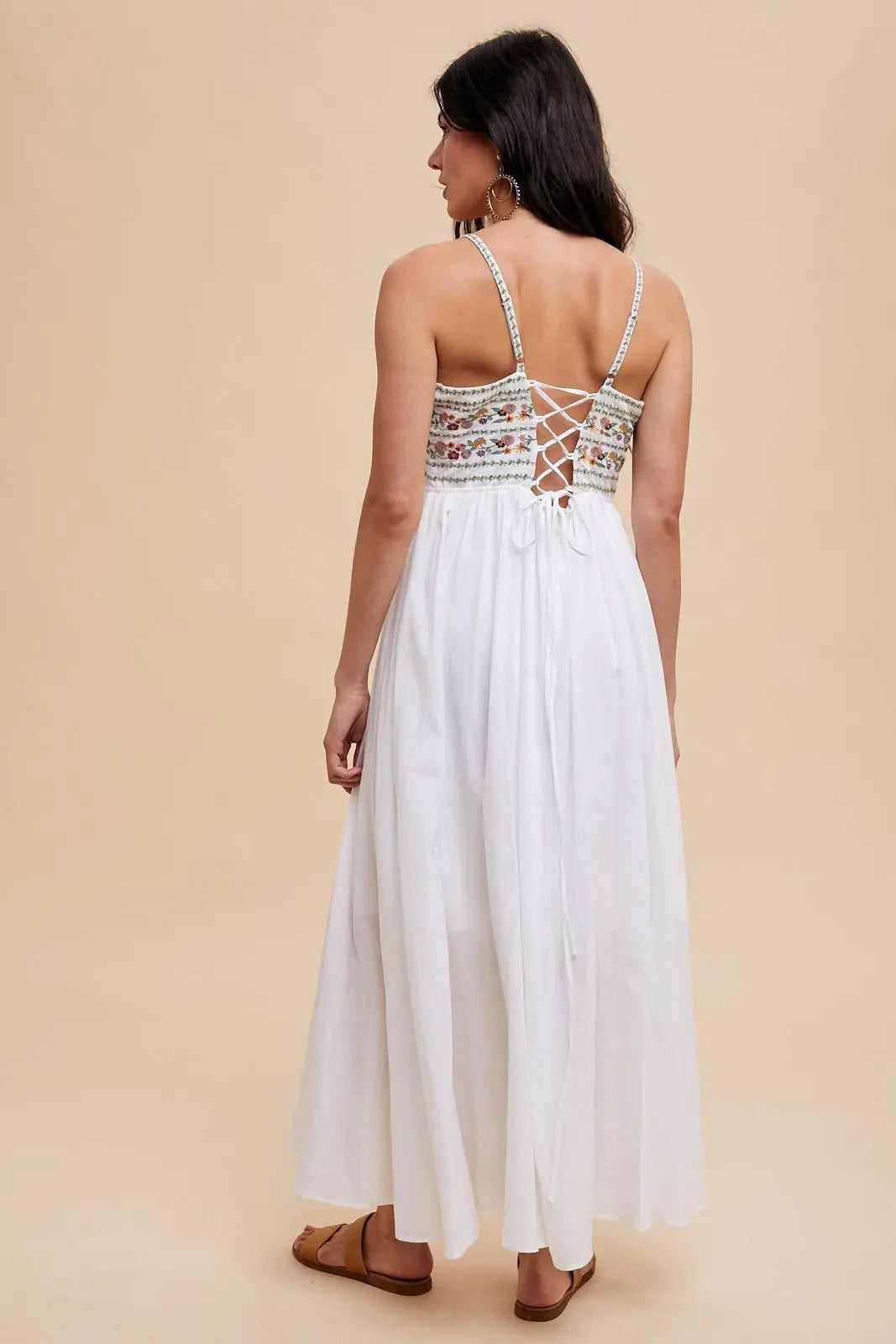 Multi-Color Floral Embroidered Lace-Up Back Maxi Dress PinkBlush