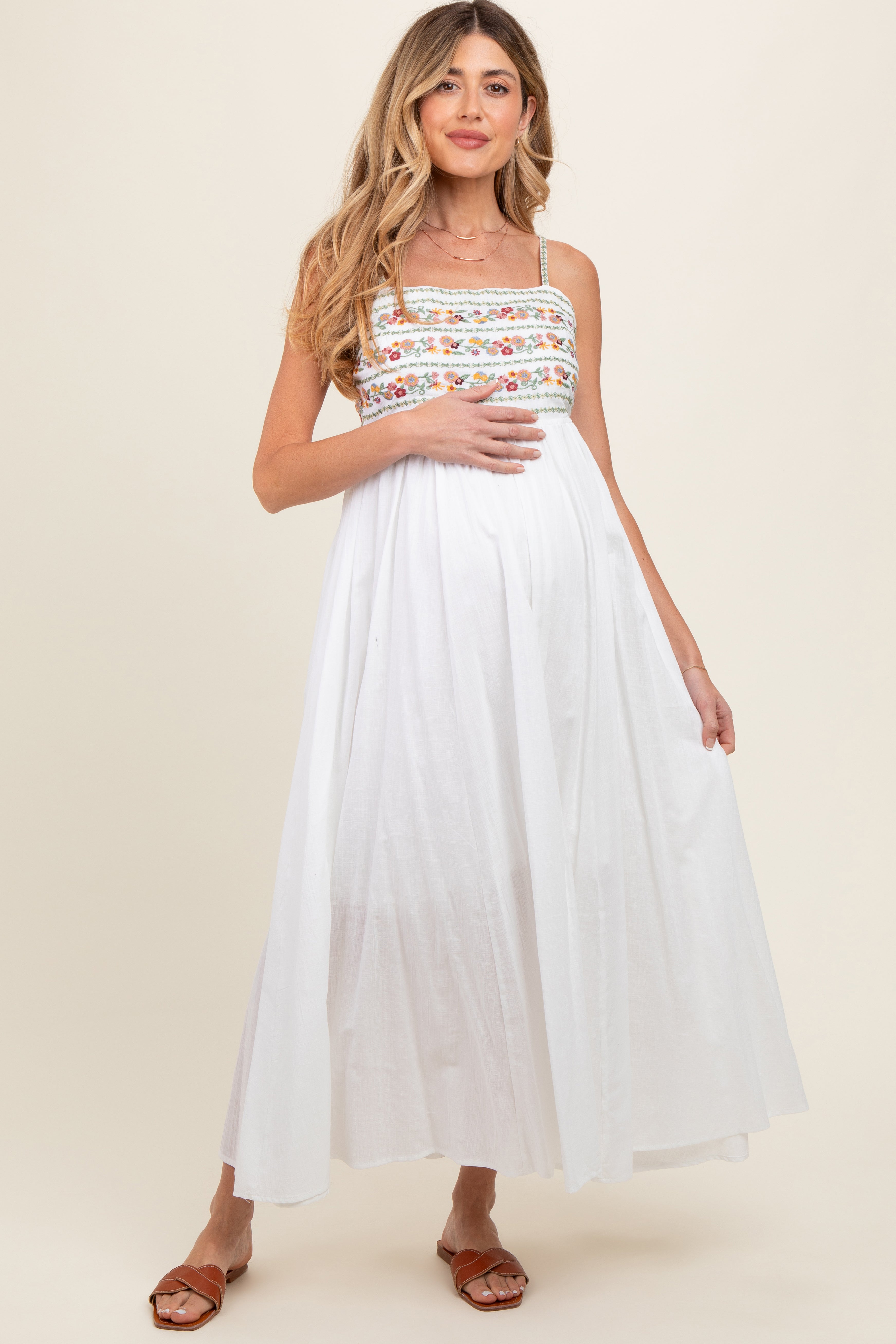 Multi-Color Floral Embroidered Lace-Up Back Maternity Maxi Dress PinkBlush