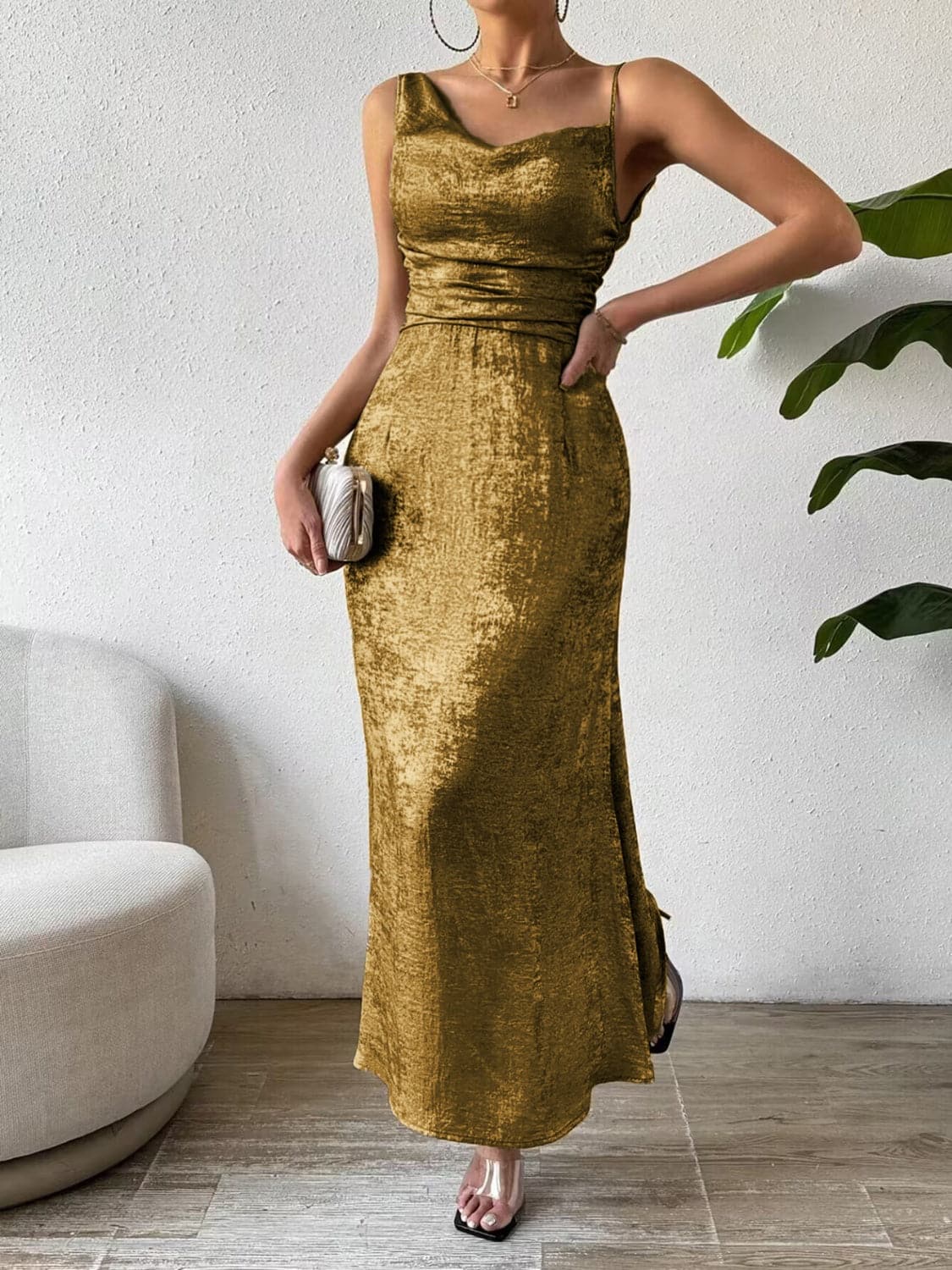 Asymmetric Neck Sleeveless Midi Dress.