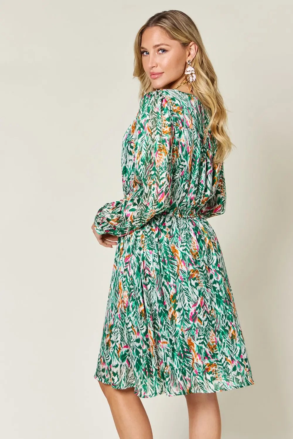 Double Take Full Size Printed Drawstring Waist Long Sleeve Dress - Love Salve