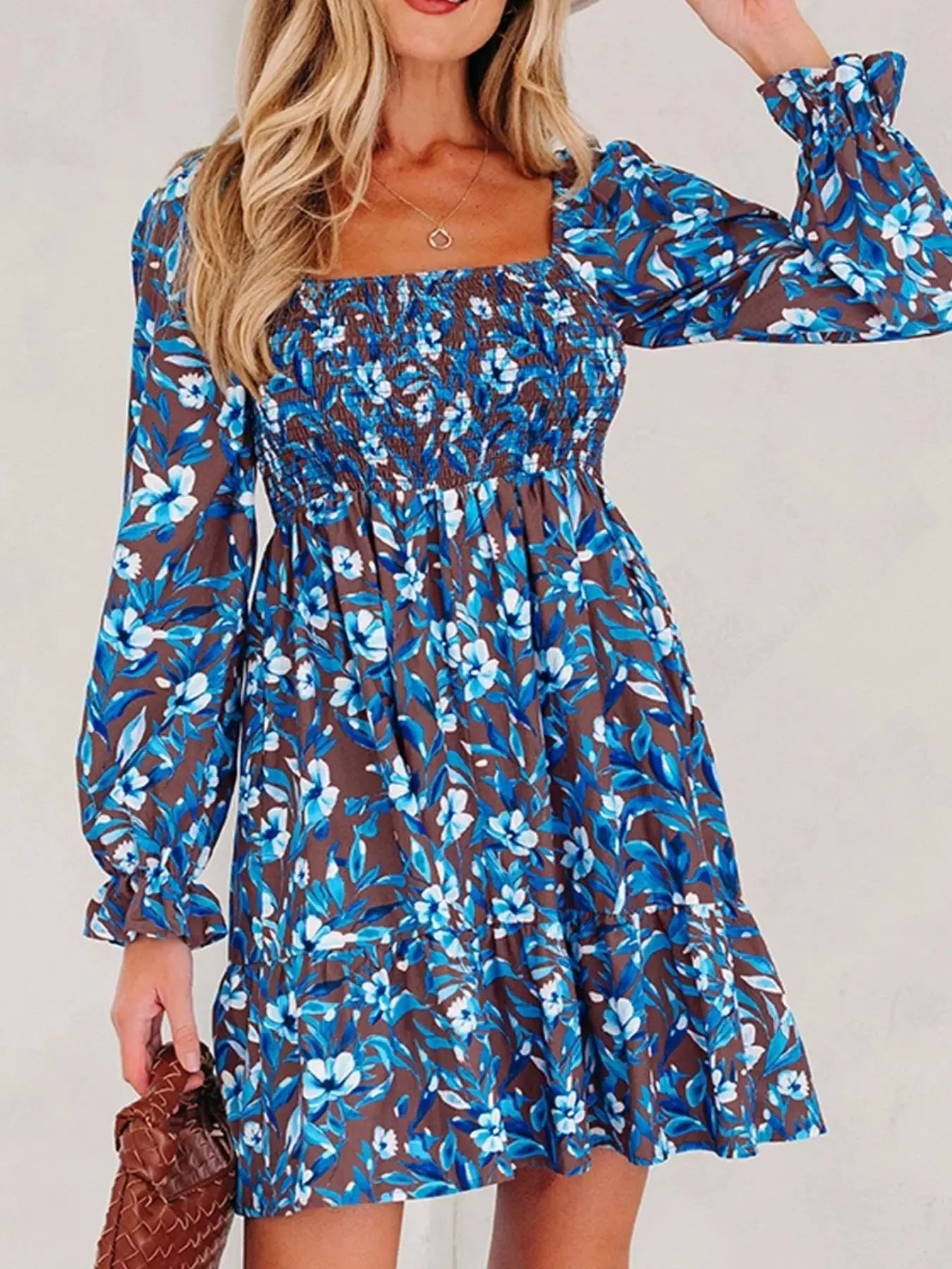 Smocked Bodice High Waist Ruffled Sleeve Floral Dress Simply Love