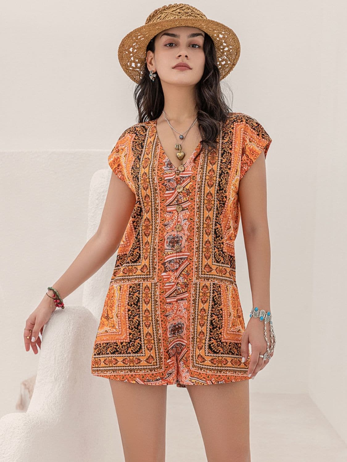 Printed V-Neck Cap Sleeve Romper.