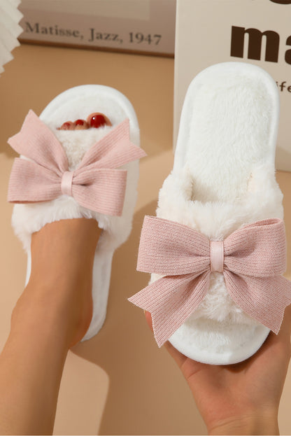 White Bow Knot Decor Open Toe Plush Slippers with elegant design.