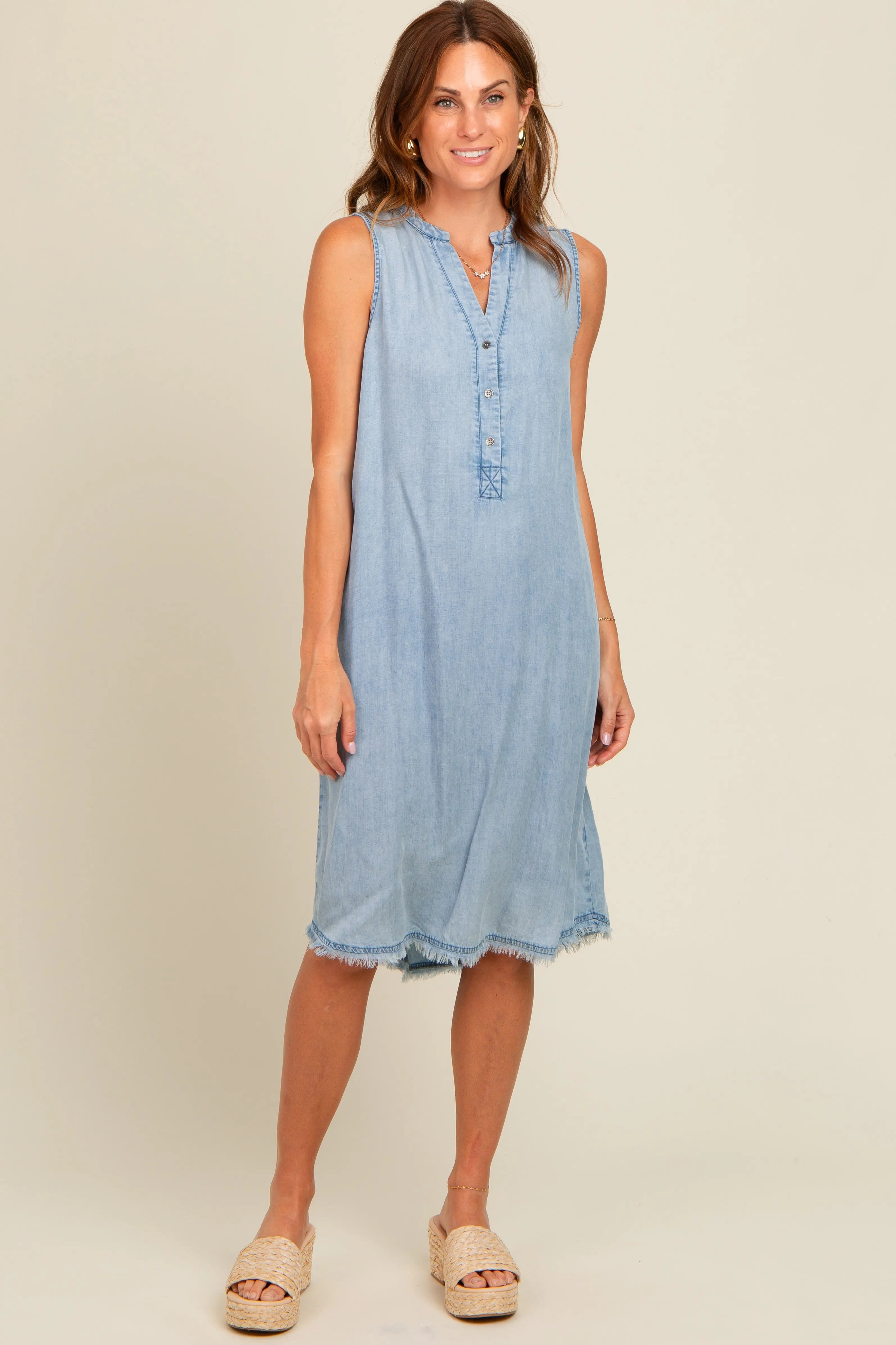 Light Blue Chambray Button Up Fringe Sleeveless Dress PinkBlush