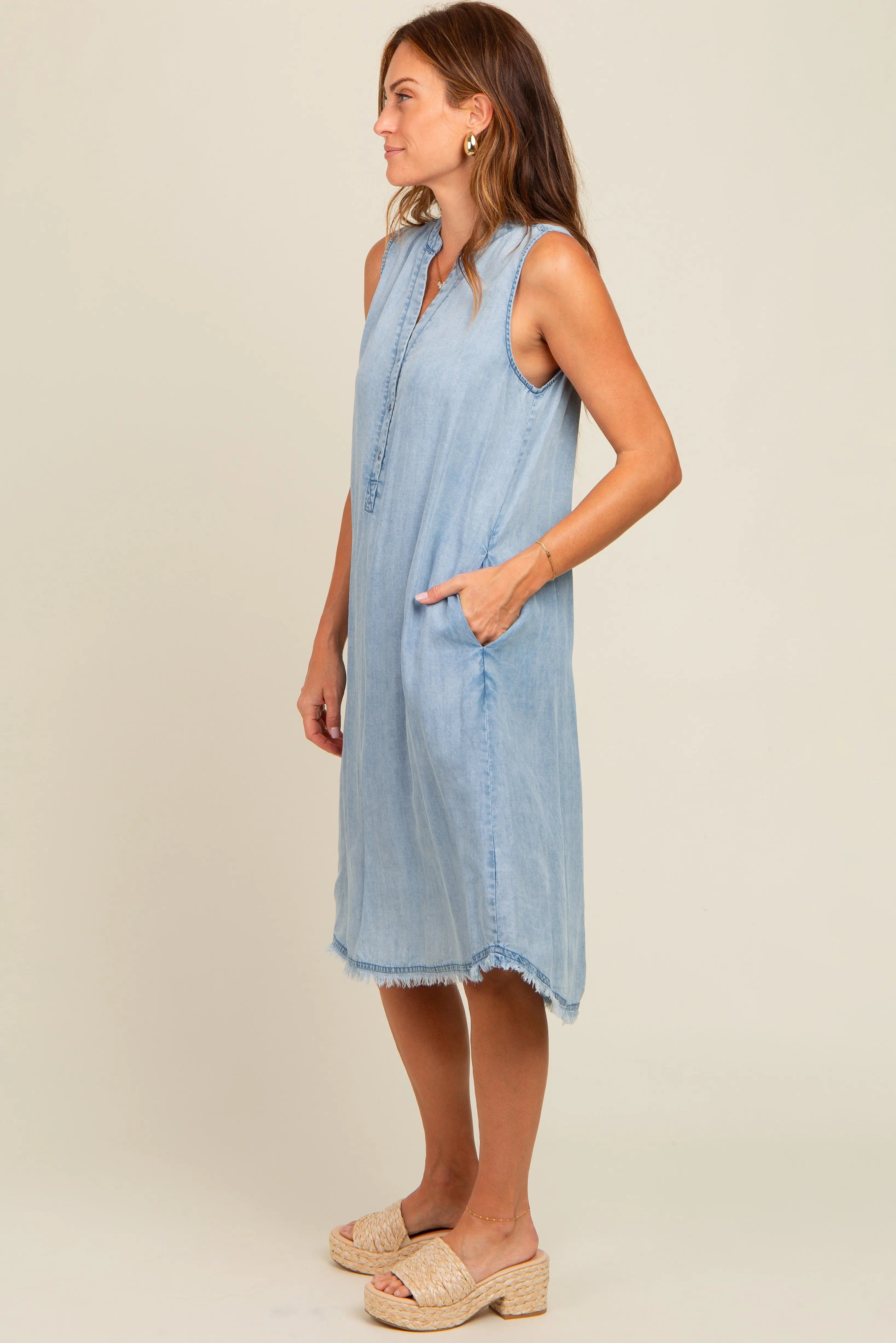 Light Blue Chambray Button Up Fringe Sleeveless Dress PinkBlush