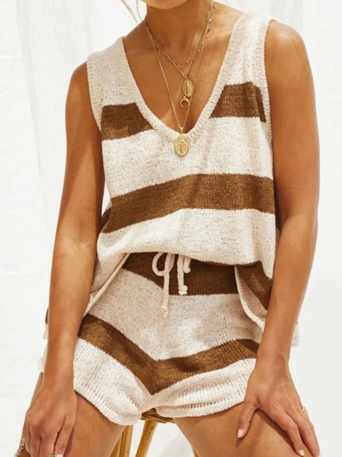 V-Neck Sleeveless Top and Drawstring Shorts Sweater Set.