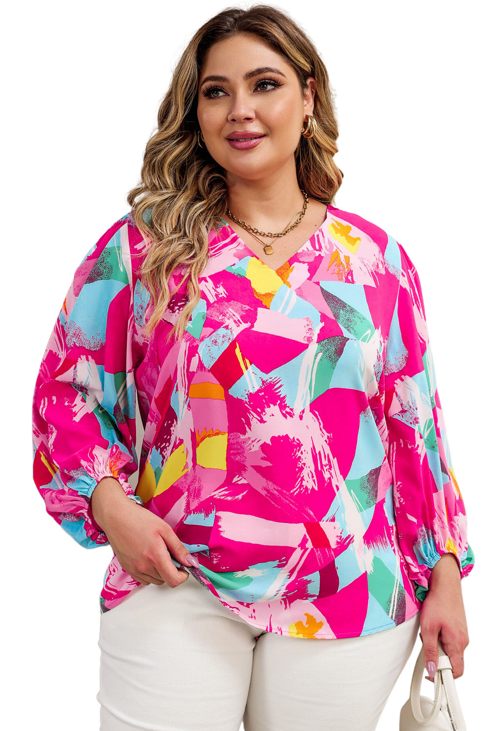 Vibrant pink plus size graffiti print blouse with split neck and puff sleeves