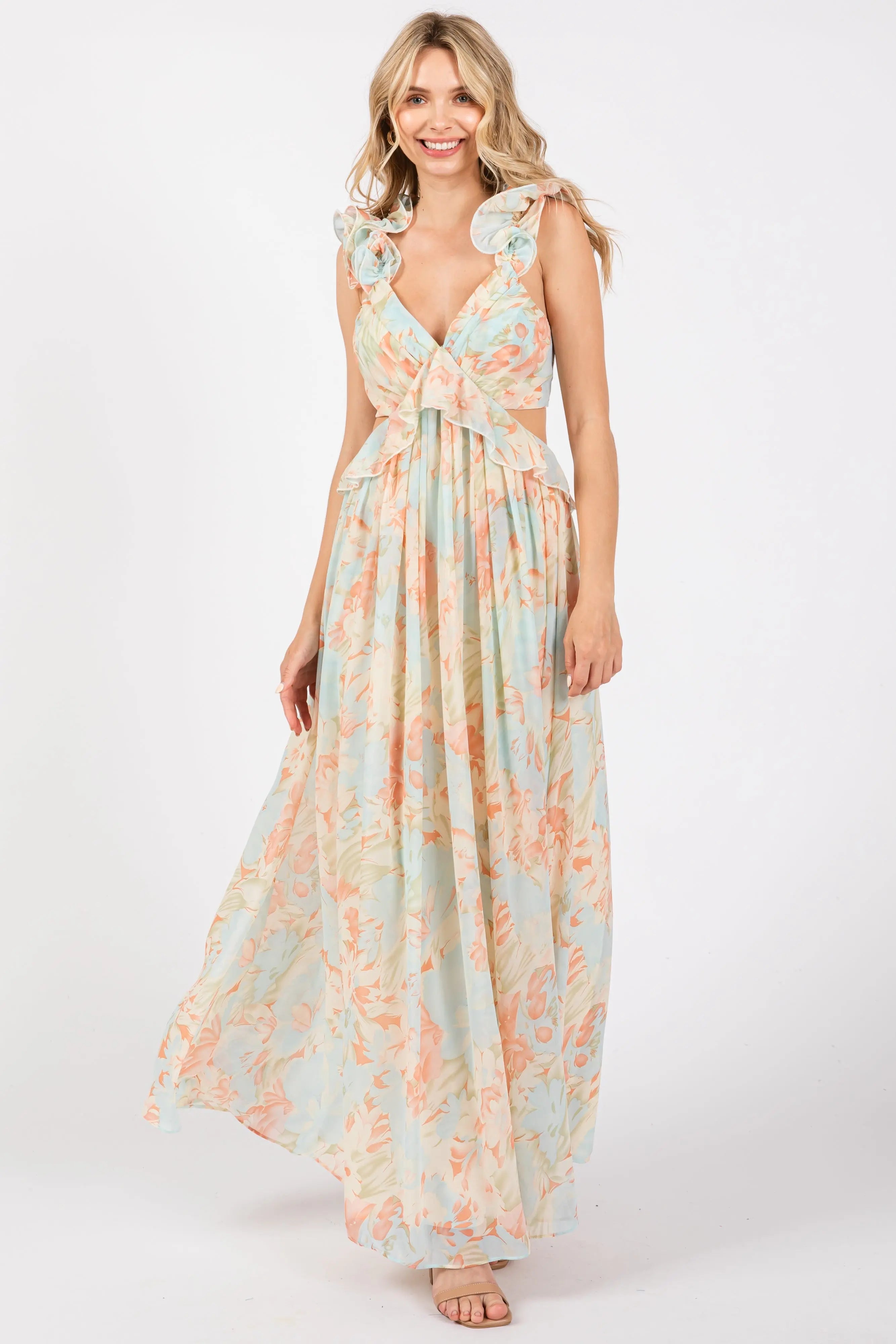 Mint Green Floral Ruffle Accent Cutout Maternity Gown PinkBlush