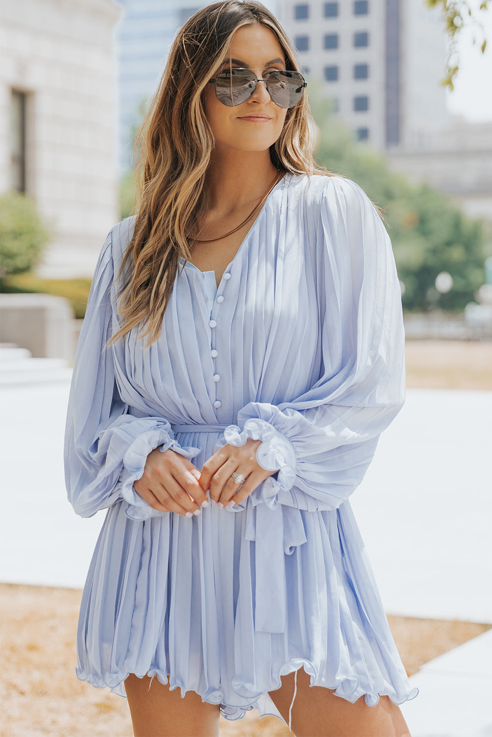 Irene Pleated Ruffled Tie Waist Button V Neck Romper for Women - Love Salve 