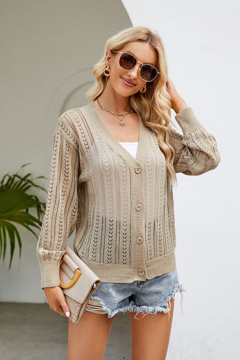 Openwork Button Front V-Neck Cardigan.