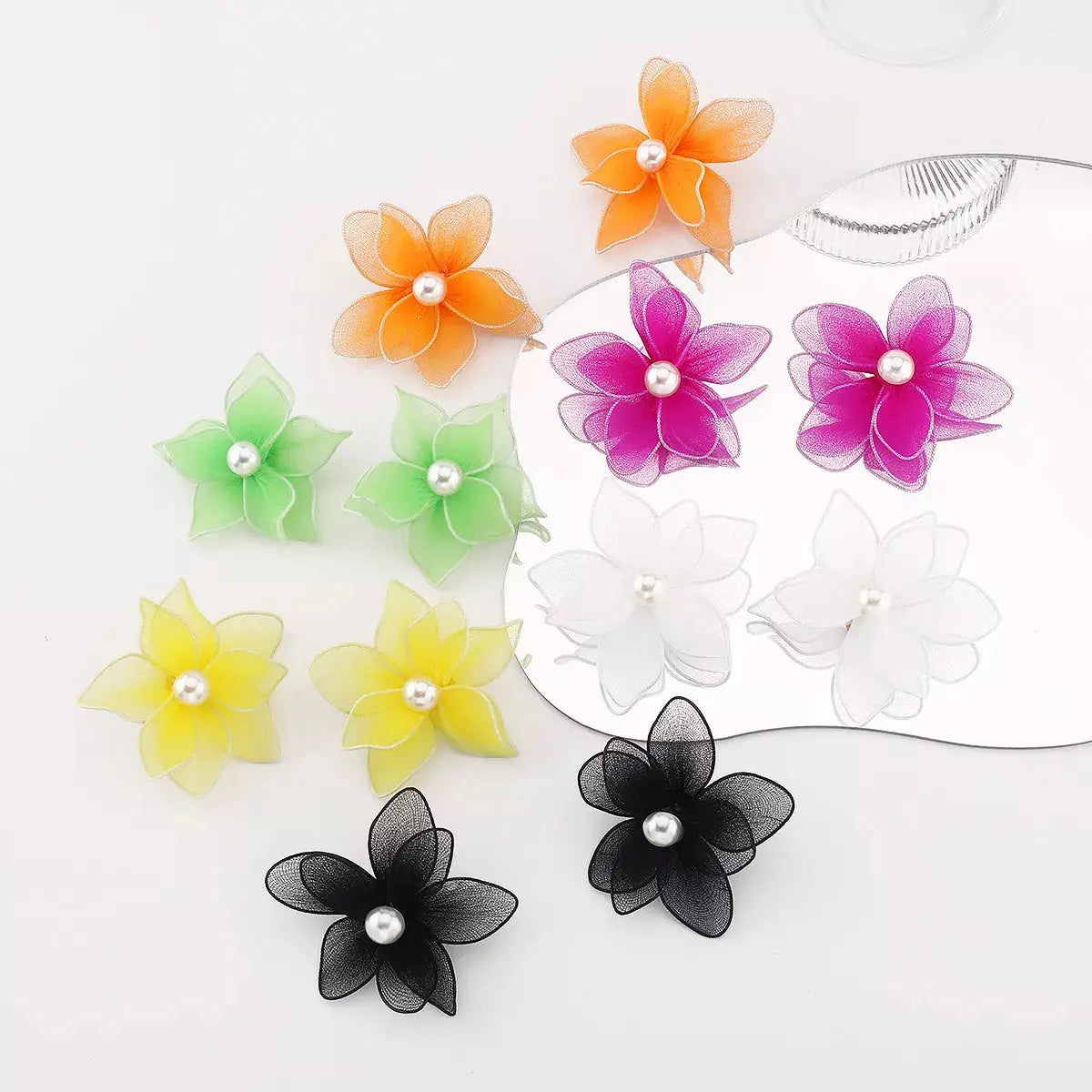 Yellow Flower Pearl Stud Earrings With Mesh Petal Design Simply Love