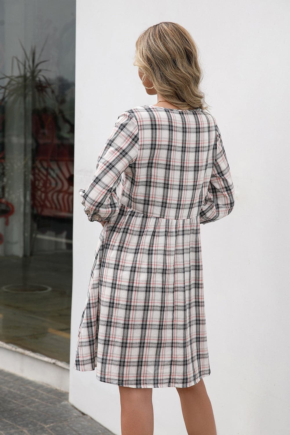 Plaid Round Neck Mini Dress.