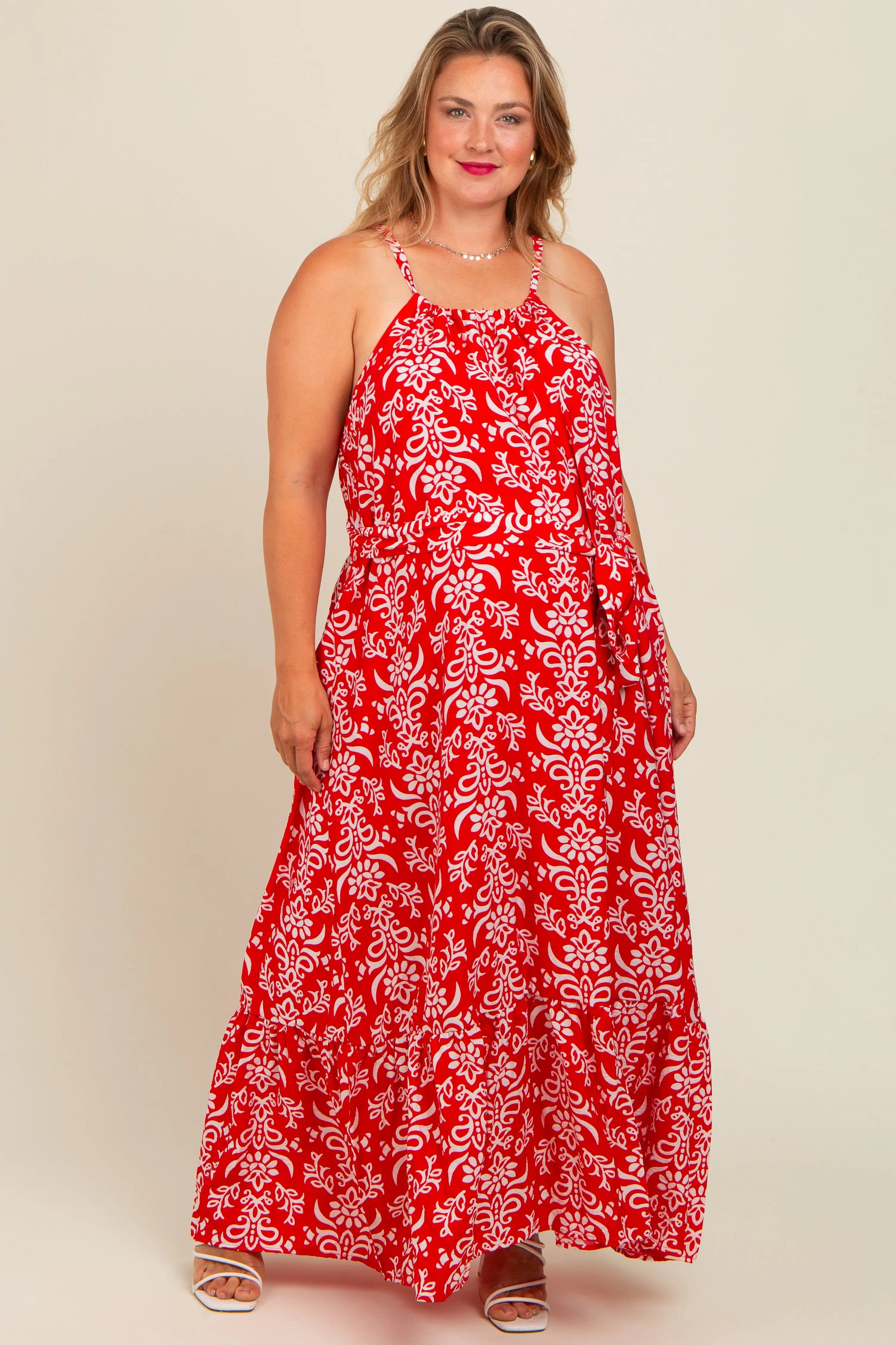 Red Floral Self Tie Sleeveless Maternity Dress PinkBlush