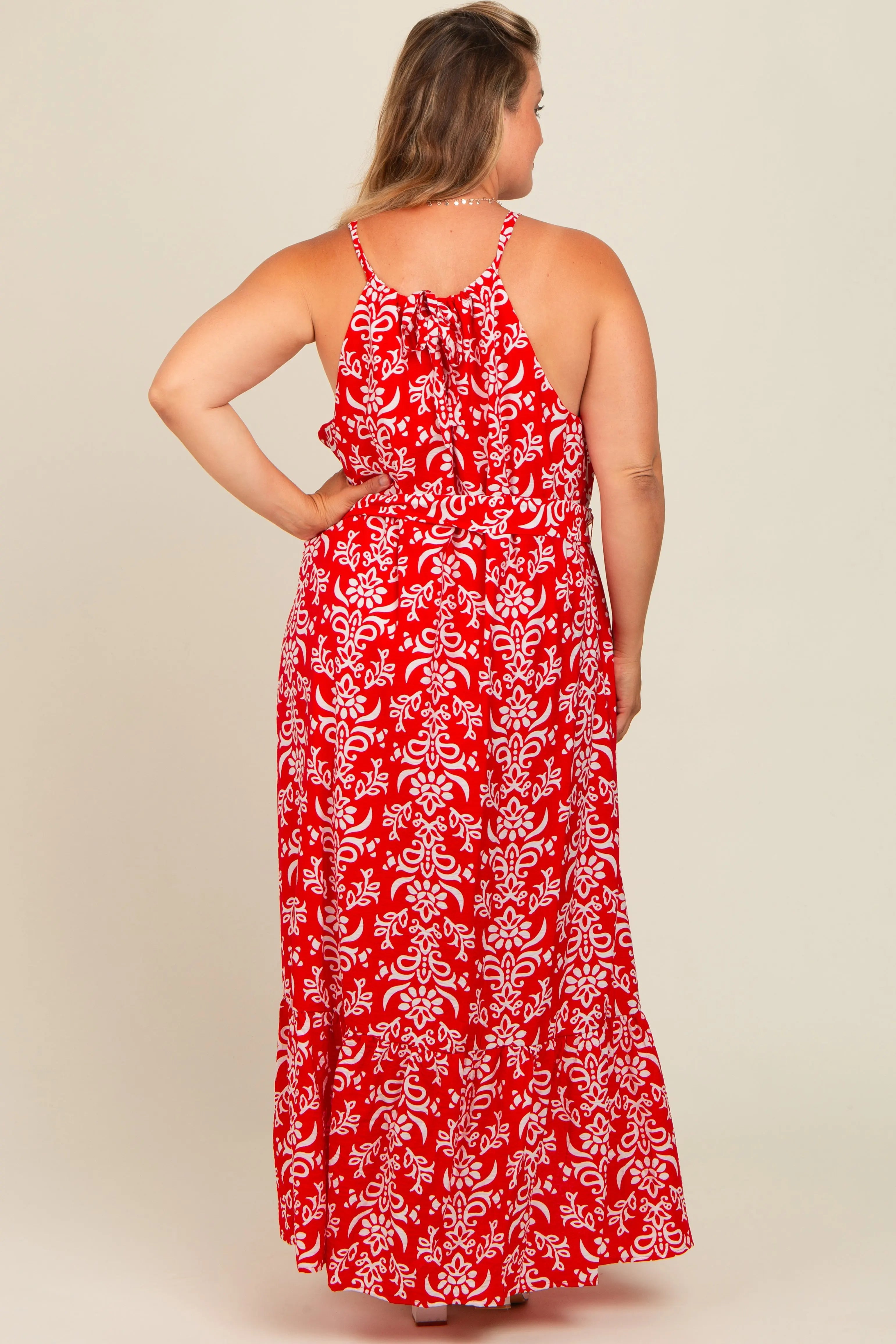 Red Floral Self Tie Sleeveless Maternity Dress PinkBlush