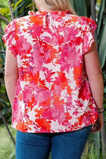 Plus Size Floral Flutter Sleeve Round Neck Blouse.