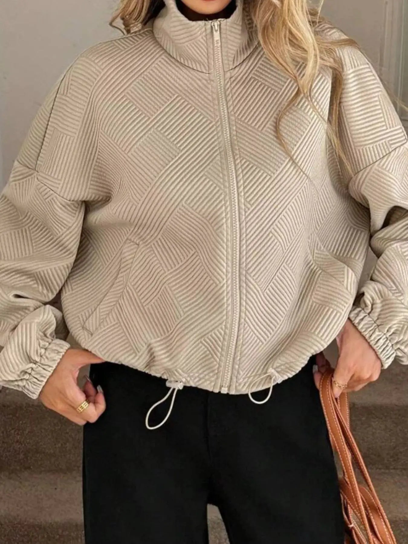 Textured Zip-Up Drawstring Hem Jacket Simply Love