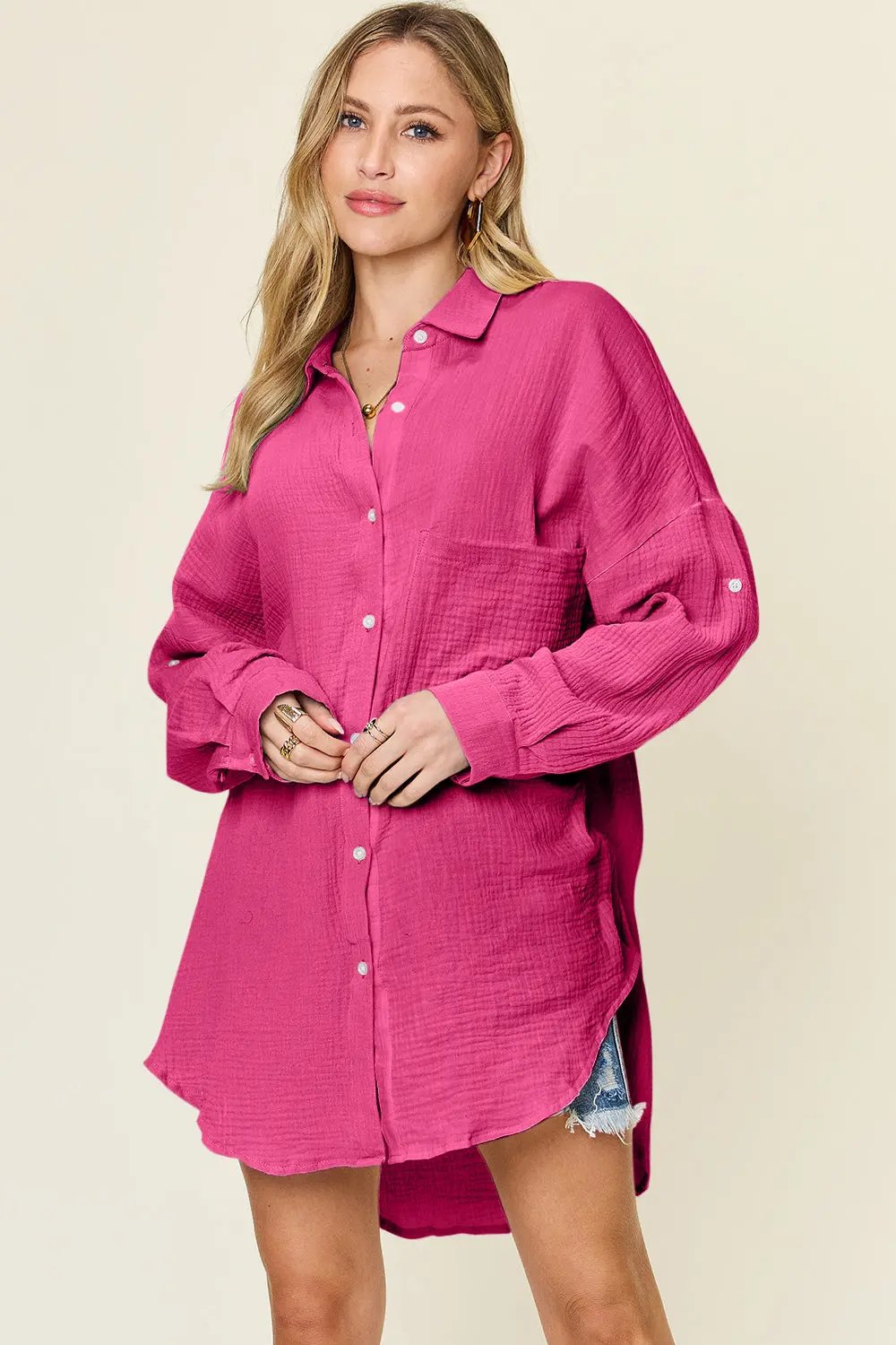 Double Take Full Size Pocketed Texture Button Up Shirt - Love Salve