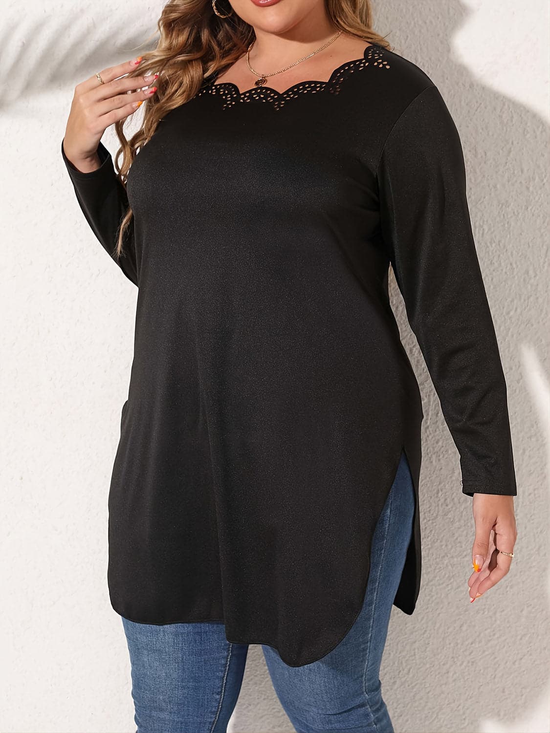 Plus Size Slit Long Sleeve T-Shirt.