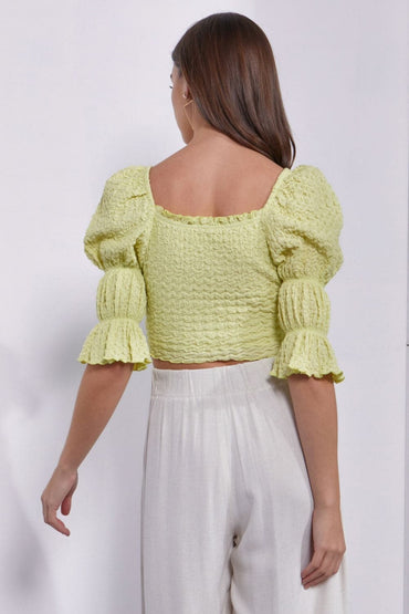 Mustard Seed Crinkle Texture Puff Sleeve Crop Top.