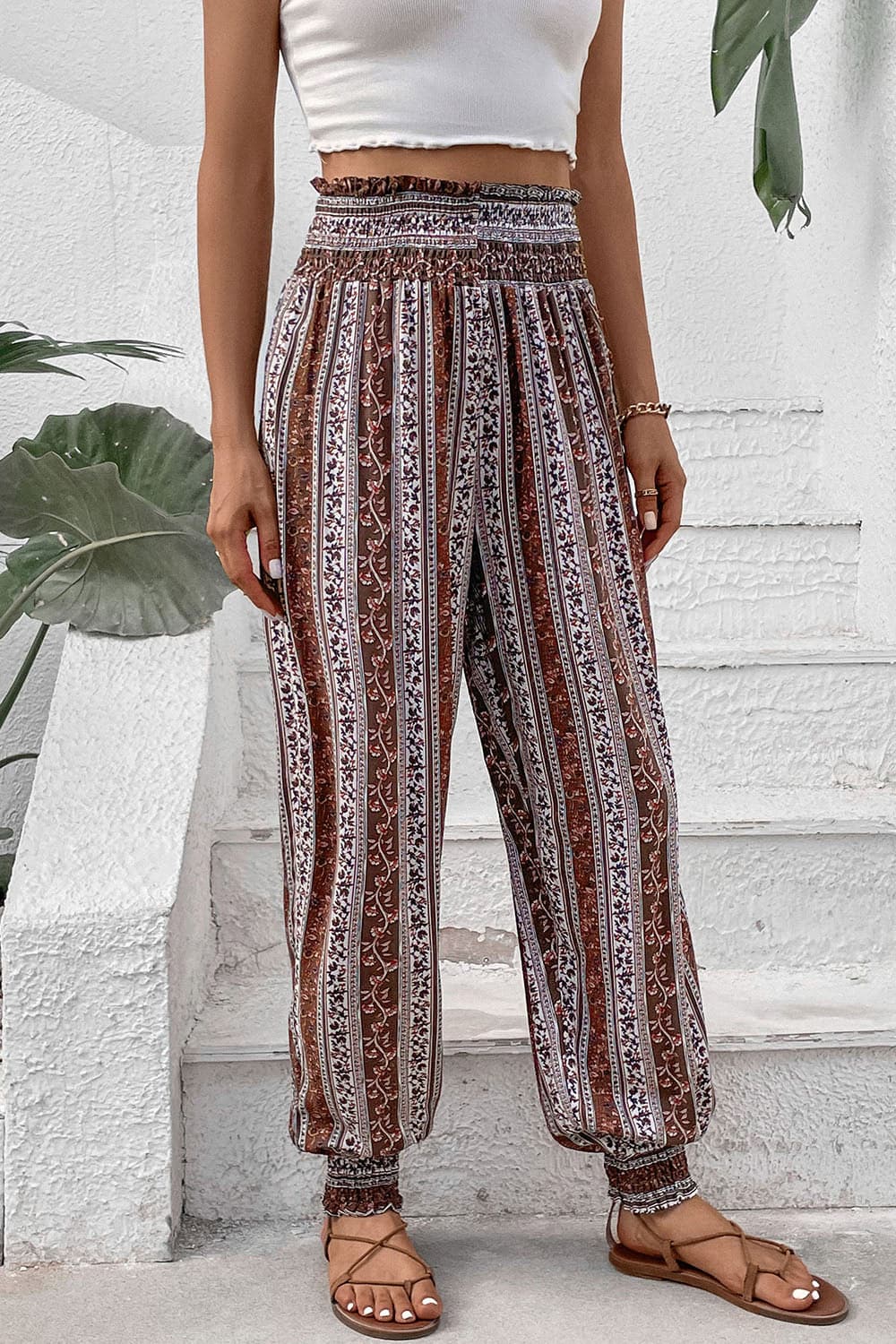 Smocked Printed High Waist Pants.