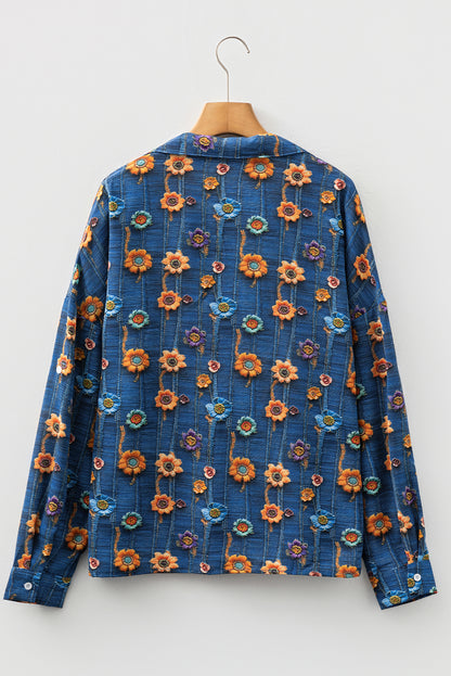 Premium Blue Floral Collared V Neck Roll Up Sleeve Blouse