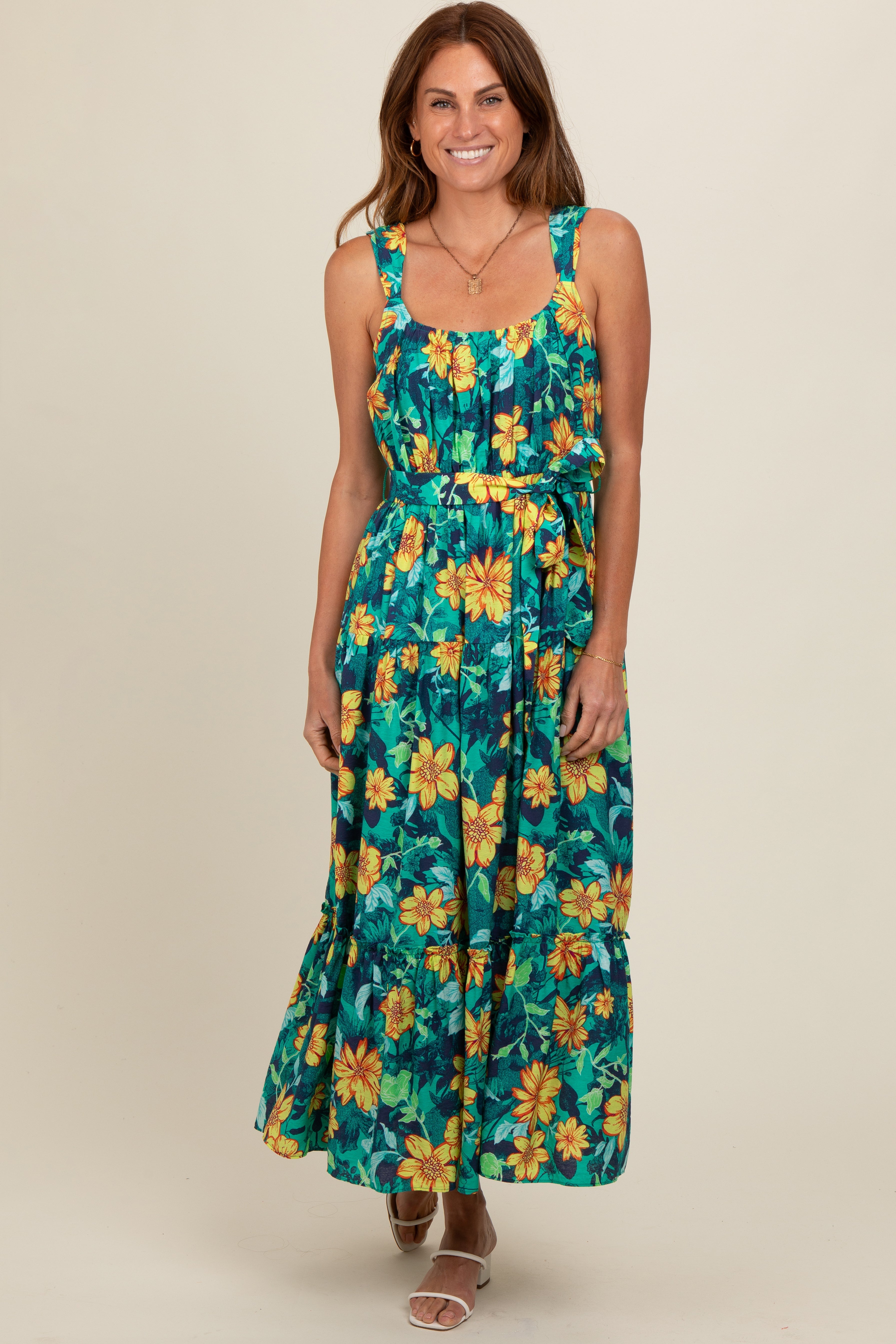 Yellow Floral Tiered Sash Tie Midi Dress PinkBlush